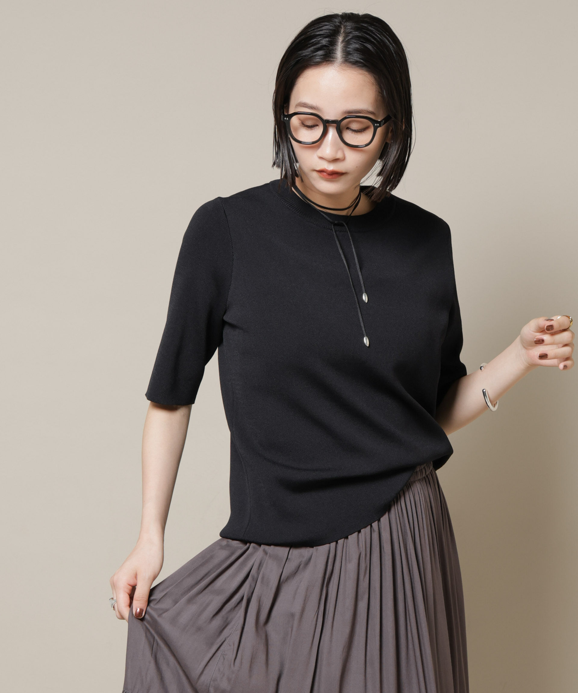 nano･universe「洗濯機洗い可UVカット接触冷感半袖ニット」|ニット・セーター|