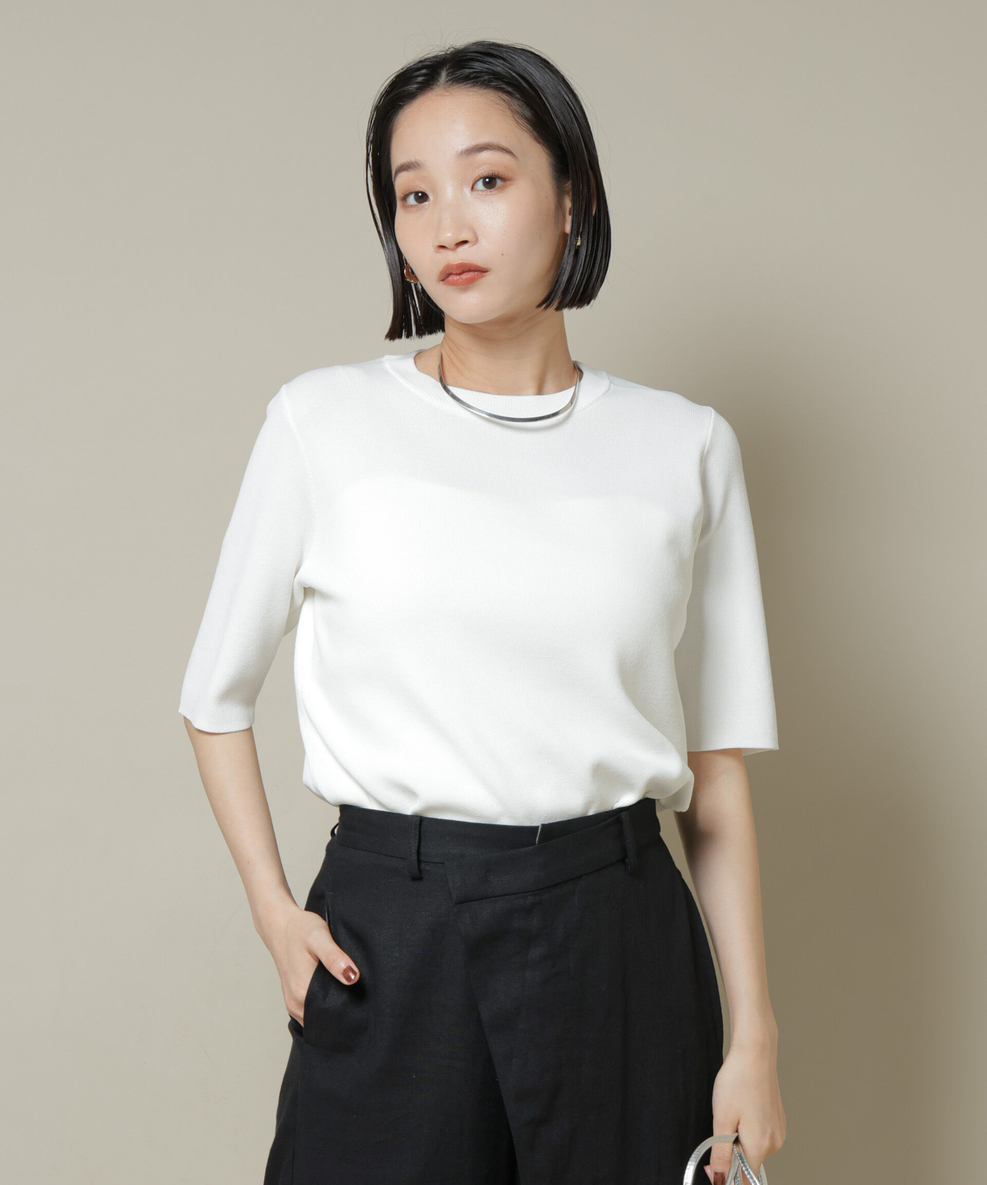 nano･universe「洗濯機洗い可UVカット接触冷感半袖ニット」|ニット・セーター|ホワイト