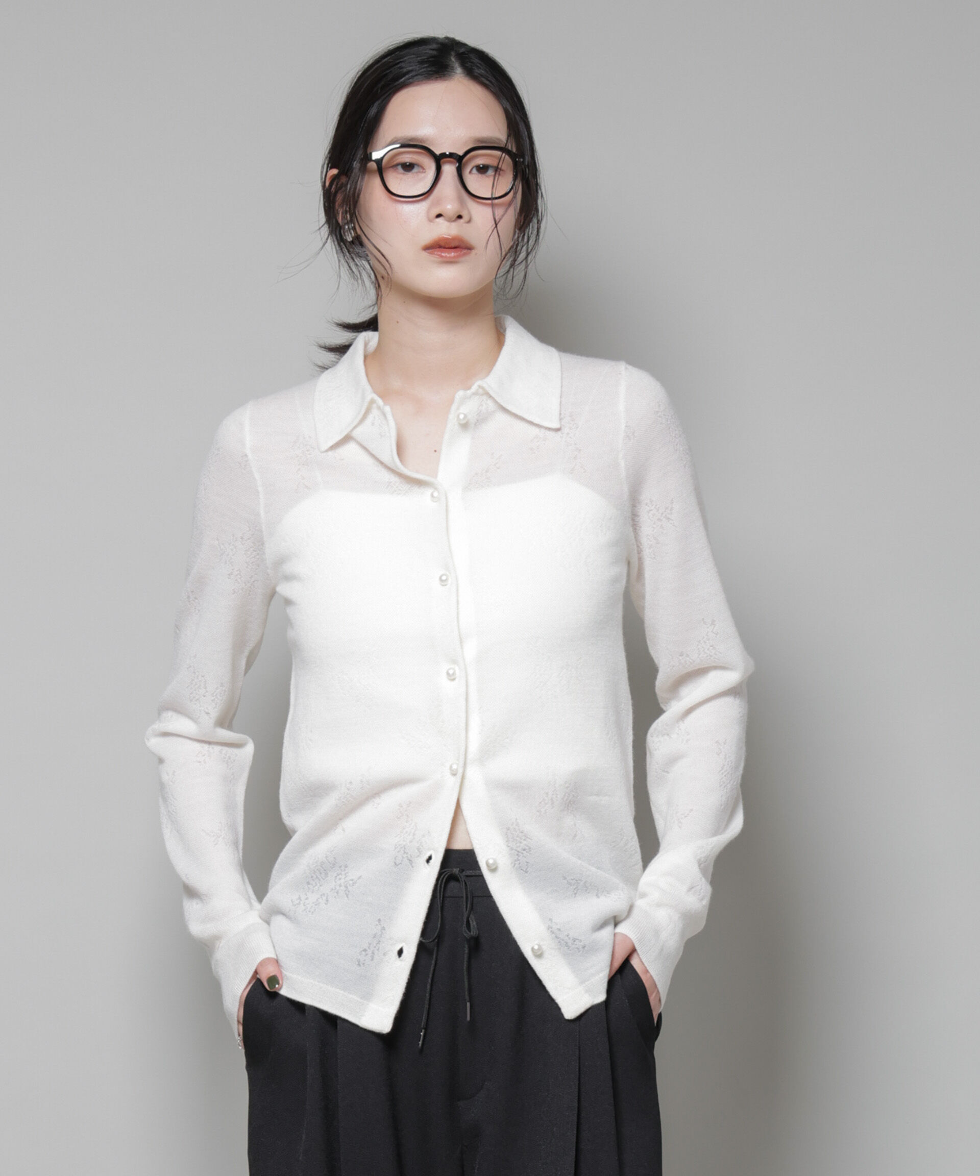 nano･universe「レースジャカード長袖ポロカーディガン」|ニット・セーター|オフホワイト1