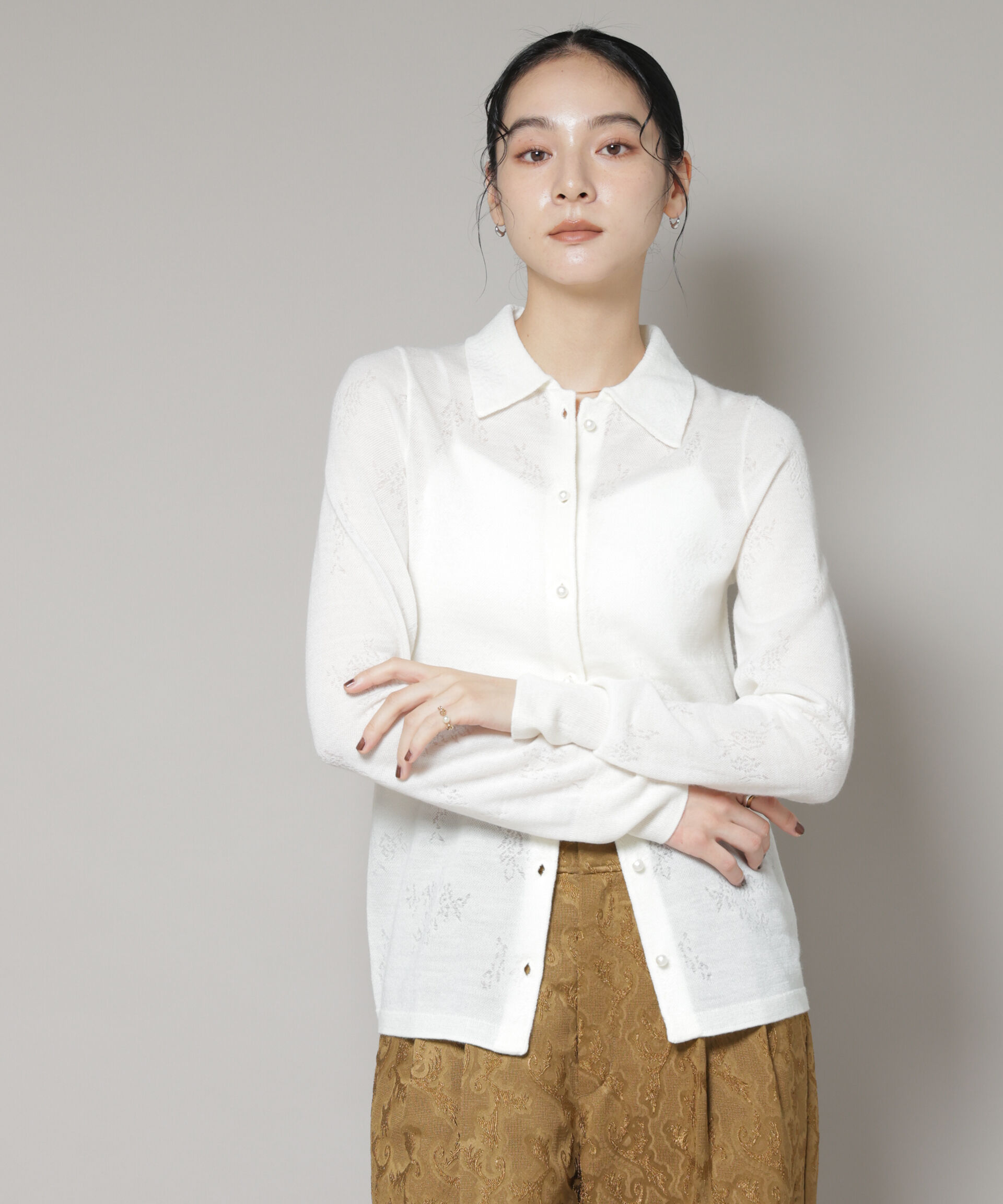 nano･universe「レースジャカード長袖ポロカーディガン」|ニット・セーター|