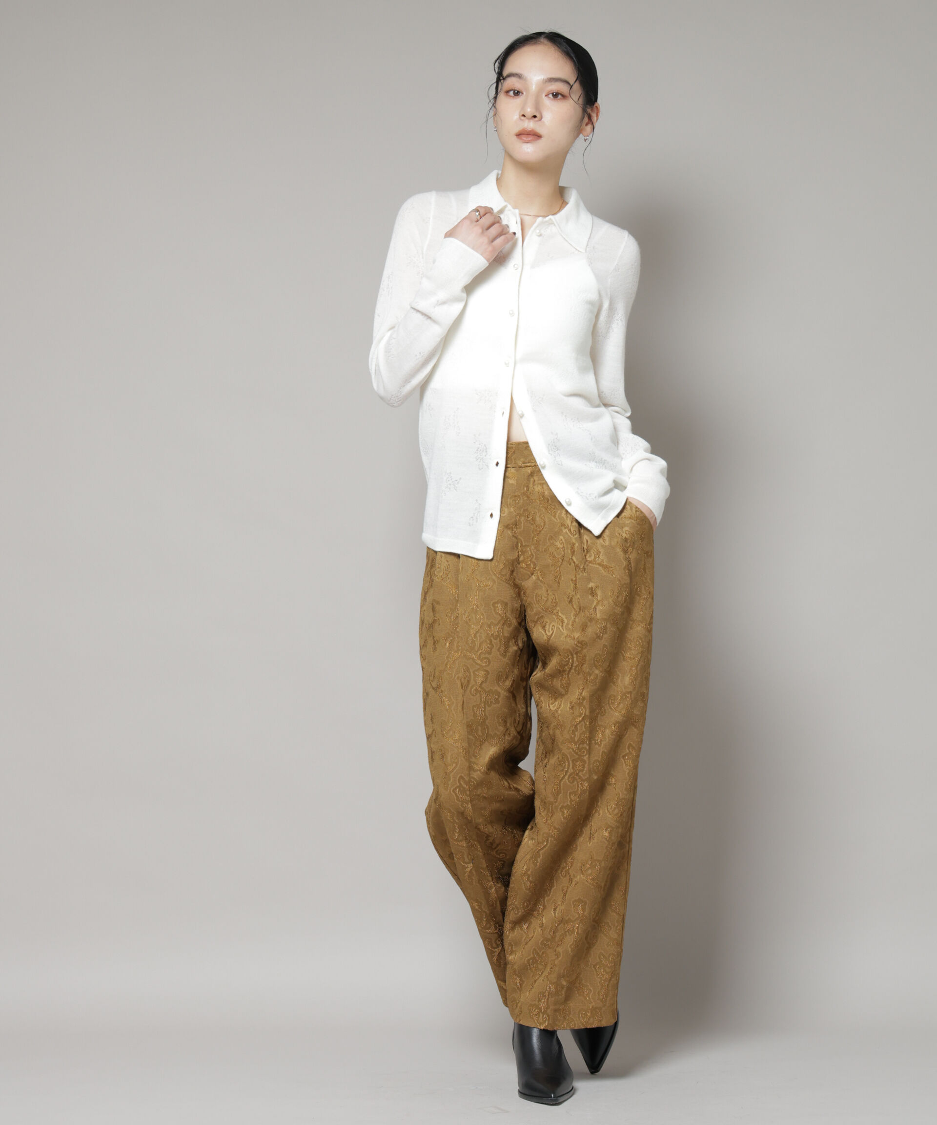 nano･universe「レースジャカード長袖ポロカーディガン」|ニット・セーター|