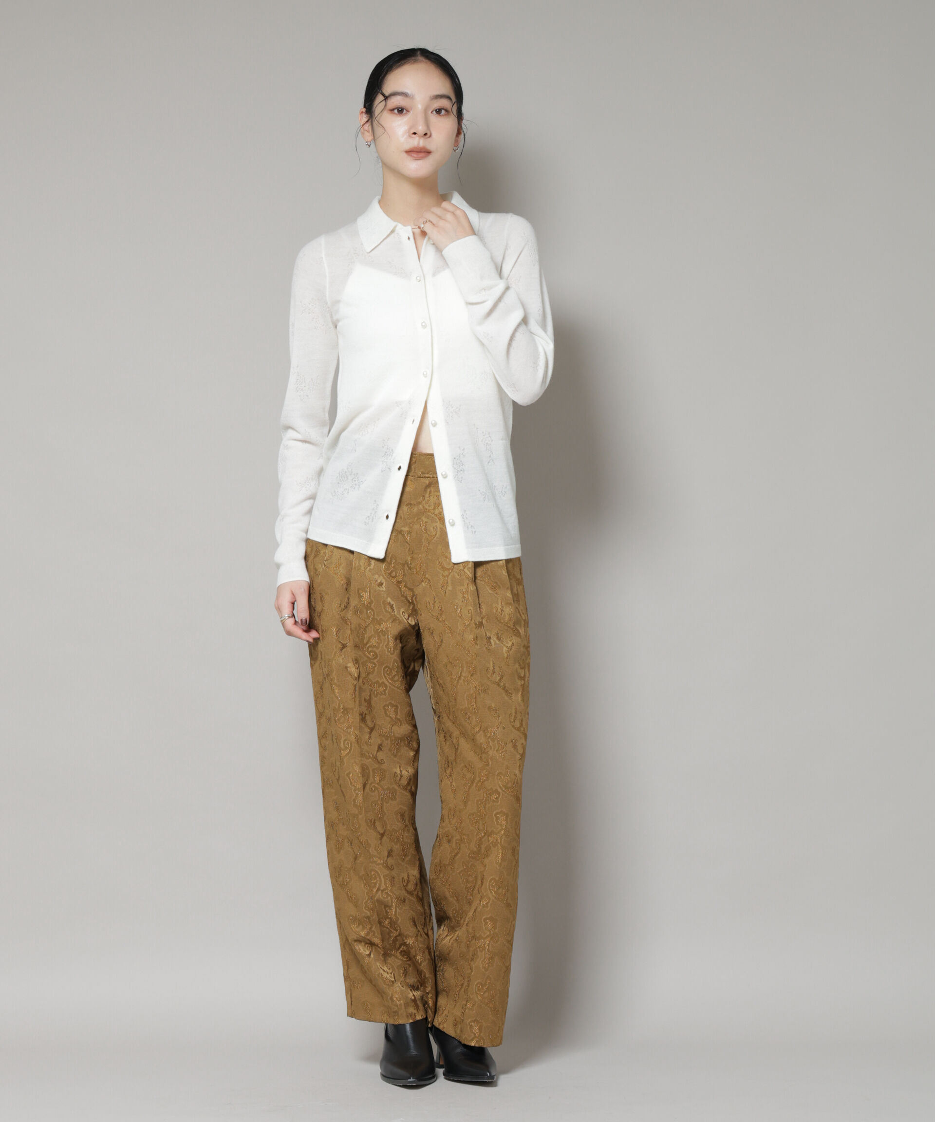 nano･universe「レースジャカード長袖ポロカーディガン」|ニット・セーター|