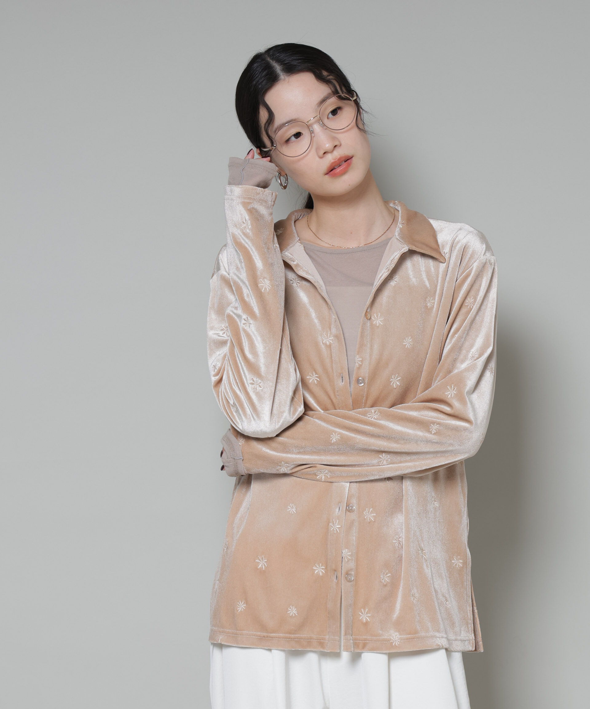 nano･universe「刺繍ベロアカットシャツ(セットアップ可)」|Tシャツ・カットソー|ベージュ