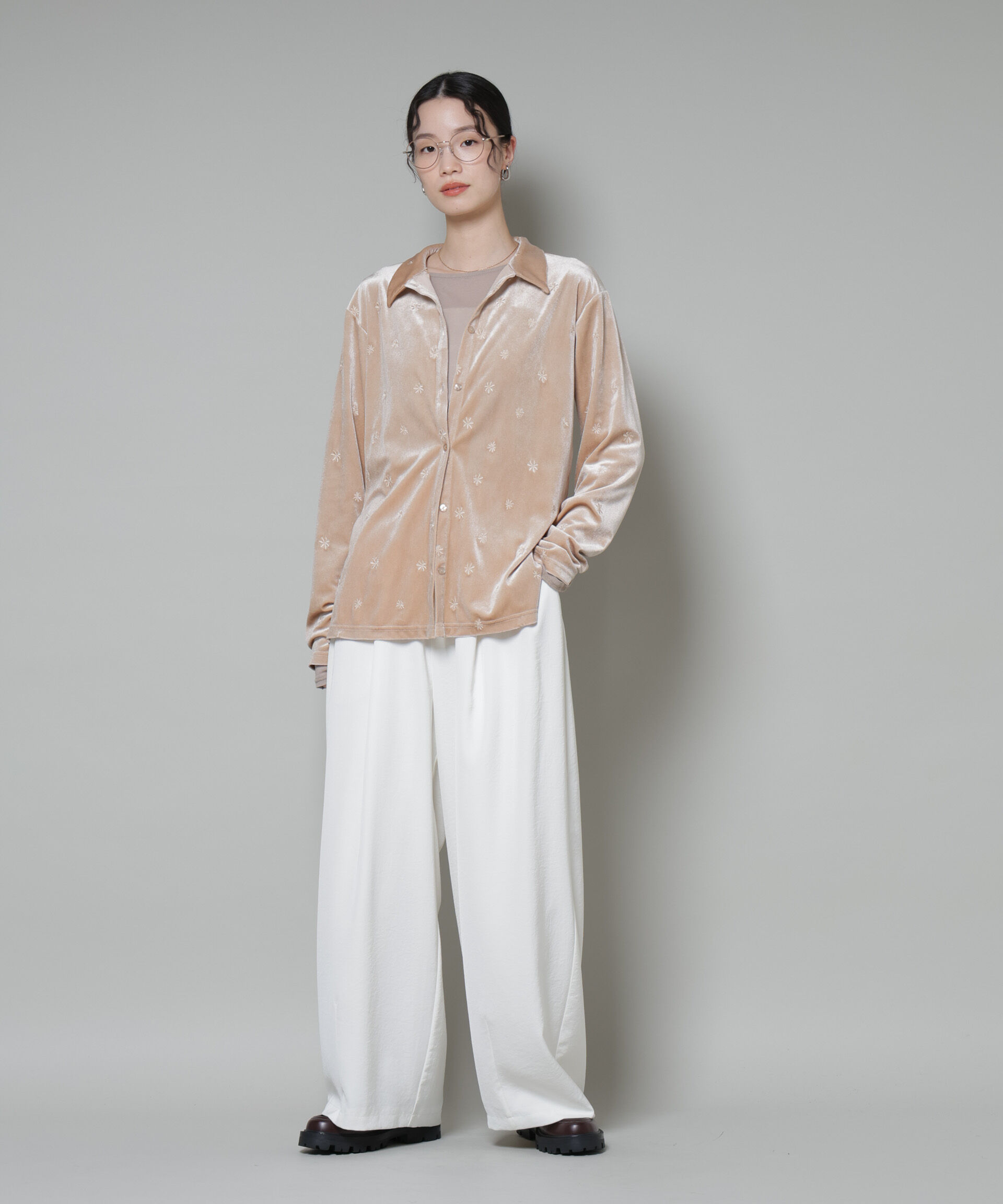 nano･universe「刺繍ベロアカットシャツ(セットアップ可)」|Tシャツ・カットソー|