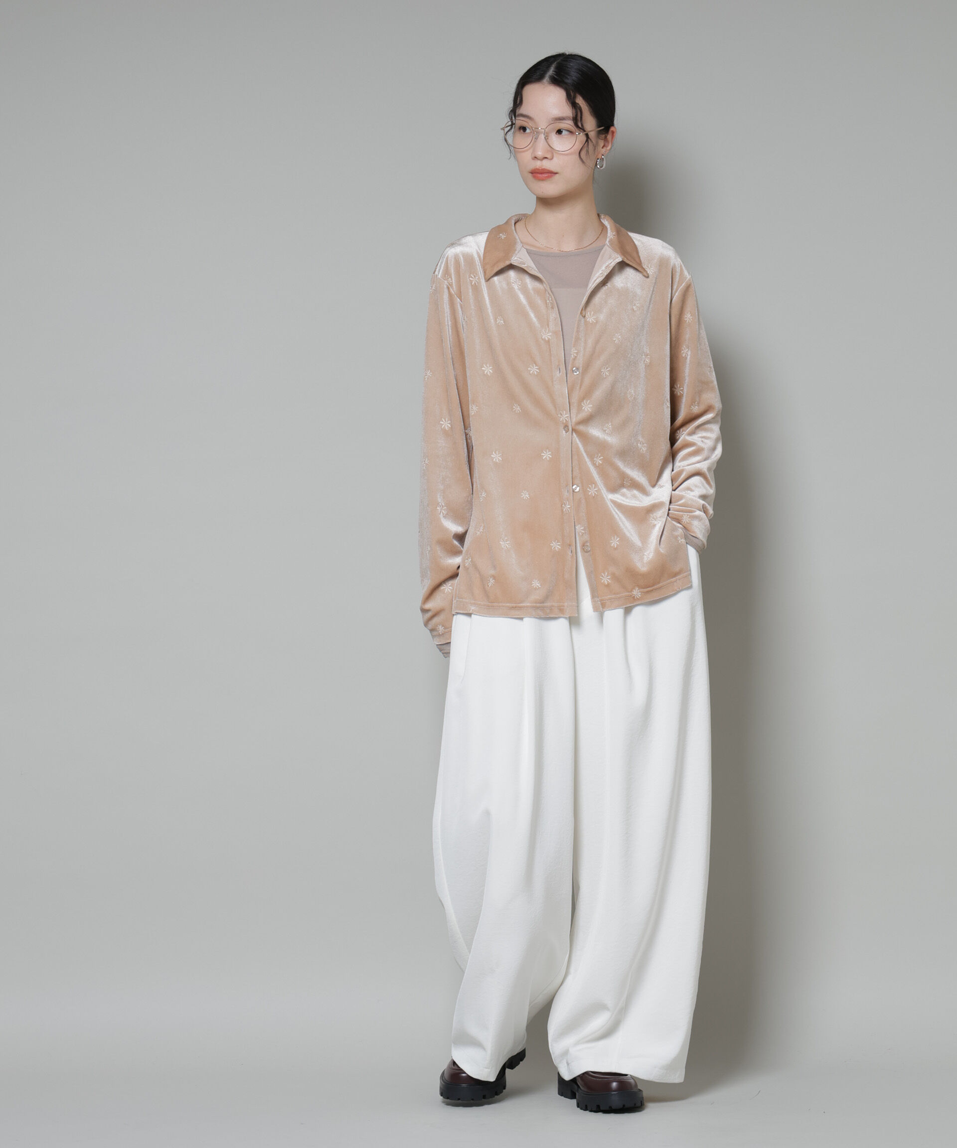 nano･universe「刺繍ベロアカットシャツ(セットアップ可)」|Tシャツ・カットソー|