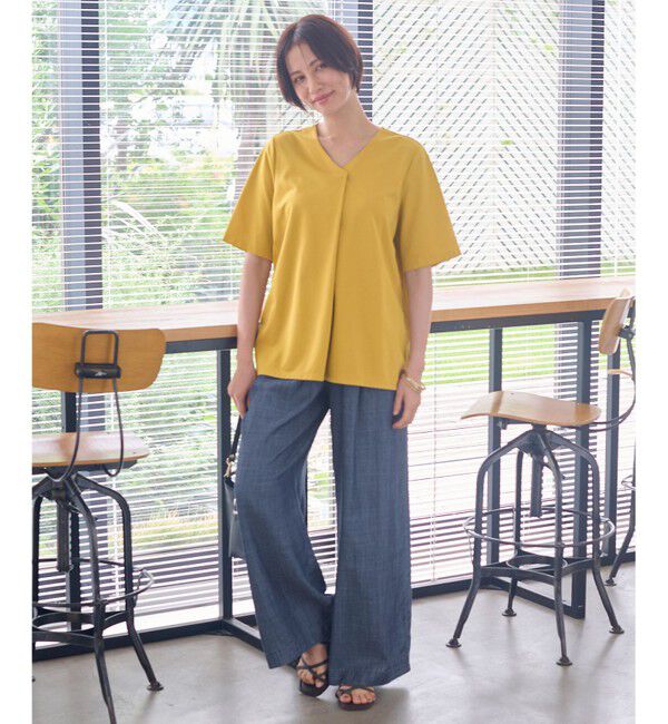 自由区「【洗える・XSサイズあり】シアーコンビバックプリーツ カットソー」|Tシャツ・カットソー|