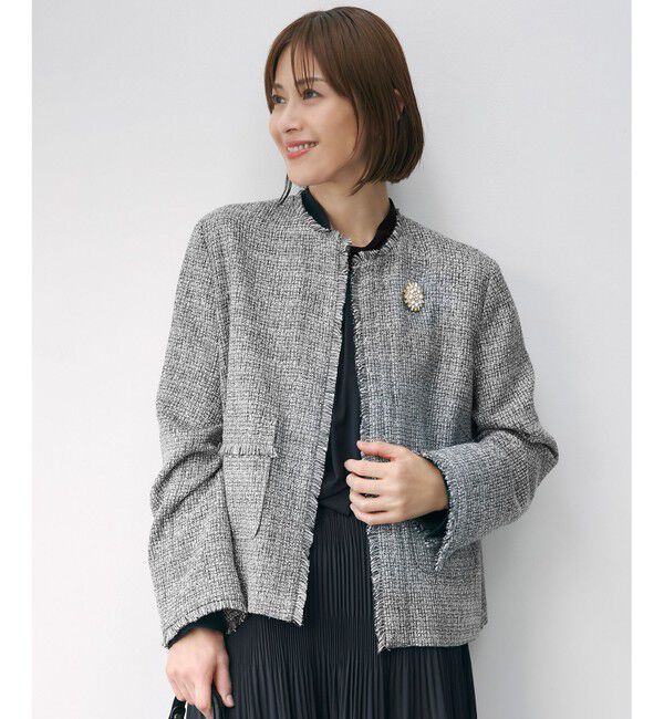 自由区「【セットアップ対応・洗える】ライトミックスツイード ジャケット」|ノーカラージャケット|モノトーン