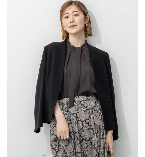 23区「【セットアップ対応/洗える】トリアセダブルジョーゼット ノーカラー ジャケット」|ノーカラージャケット|ブラック系