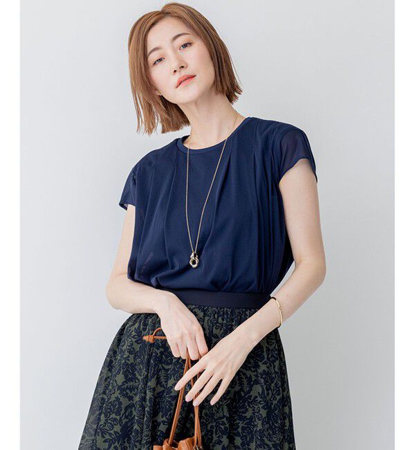 23区「【洗える】チュールコンビジャージー シアー カットソー」|Tシャツ・カットソー|ネイビー系