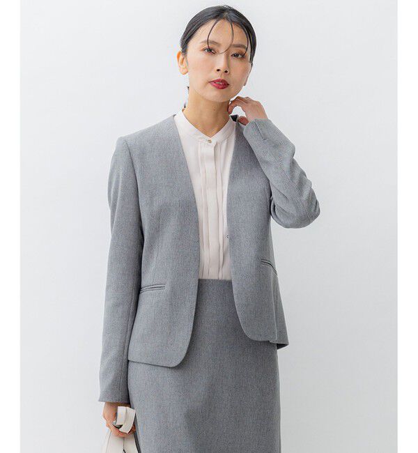 23区「【洗える】ウールライクカルゼ ノーカラー ジャケット」|ノーカラージャケット|グレー系