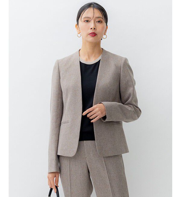 23区「【洗える】ウールライクカルゼ ノーカラー ジャケット」|ノーカラージャケット|ブラウン系