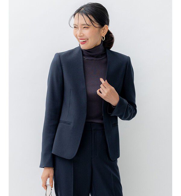 23区「【洗える】ウールライクカルゼ ノーカラー ジャケット」|ノーカラージャケット|ネイビー系