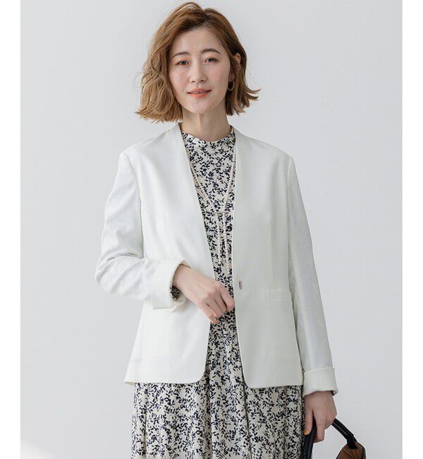 23区「【セットアップ対応/防シワ性/洗える】アイアスマットストレッチ ノーカラー ジャケット」|ノーカラージャケット|ホワイト系