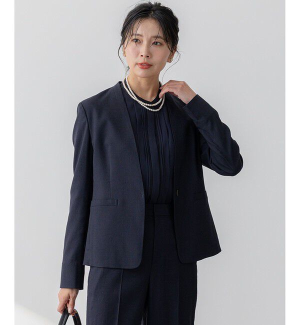 23区「【セットアップ対応/防シワ性/洗える】アイアスマットストレッチ ノーカラー ジャケット」|ノーカラージャケット|ネイビー系