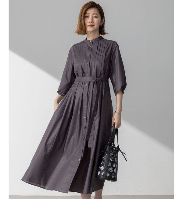 23区「【洗える】ラスターローン フロントタック ワンピース」|ワンピース|グレー系