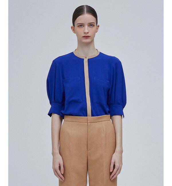 BEIGE,「SIBYLLE /  配色カラーパフスリーブブラウス」|シャツ・ブラウス|Blue x L.Orange