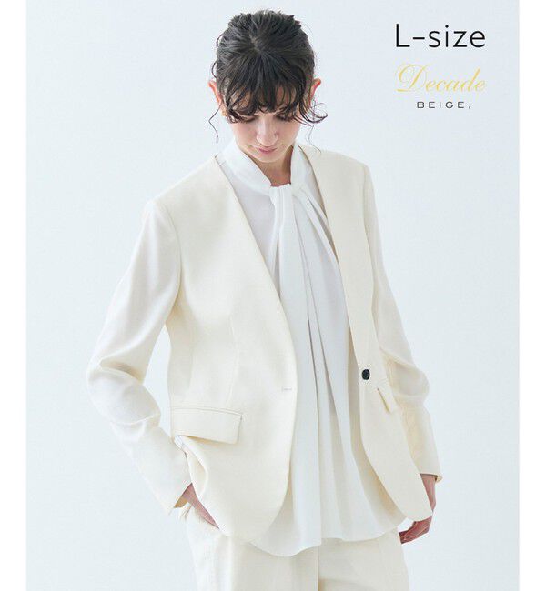 BEIGE,「【洗える・L-size】CAROLE / リネンライクノーカラーハーフ丈ジャケット」|ノーカラージャケット|Ecru