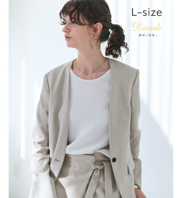 BEIGE,「【洗える・L-size】CAROLE / リネンライクノーカラーハーフ丈ジャケット」|ノーカラージャケット|Sand