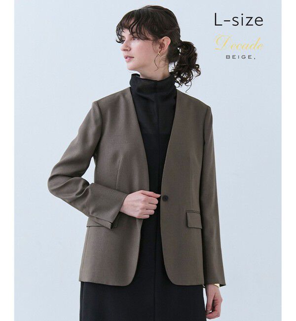 BEIGE,「【洗える・L-size】CAROLE / リネンライクノーカラーハーフ丈ジャケット」|ノーカラージャケット|Mocha
