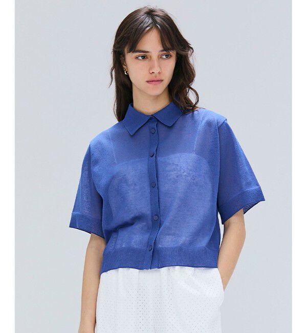 BEIGE,「【洗える・Oggi10月号掲載】MILANO / リネン混シアーポロカラーニット」|ニット・セーター|Blue