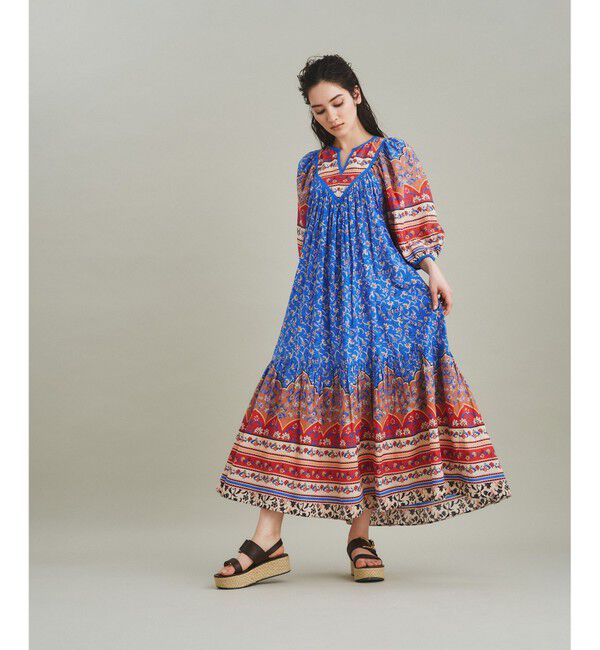  「エスニックプリントロングワンピース」|ワンピース|ブルー