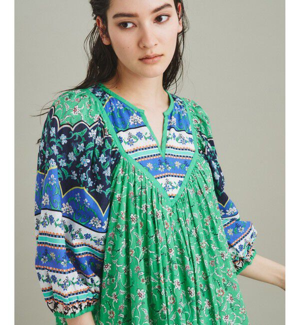  「エスニックプリントロングワンピース」|ワンピース|グリーン