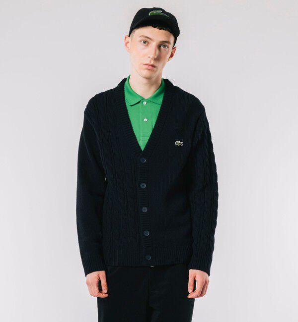 LACOSTE「アシンメトリーVネックカーディガン」|カーディガン|ネイビー