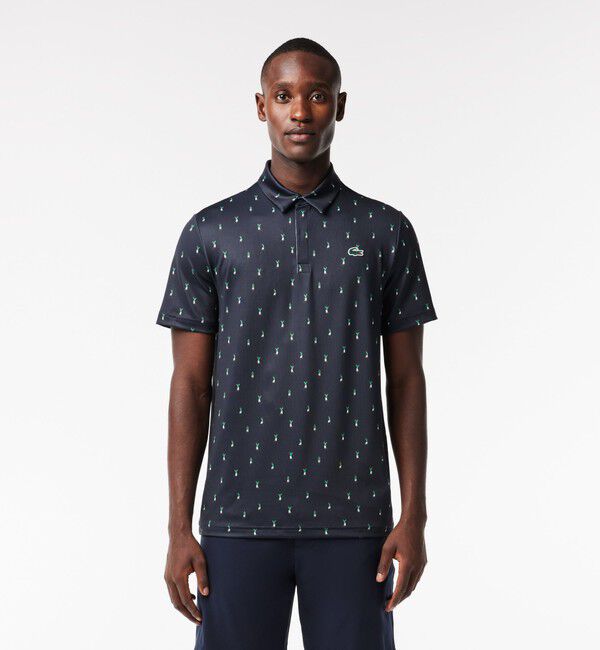 LACOSTE「UVカット ミニマム総柄プリント 比翼仕立て ウルトラドライ ゴルフポロシャツ」|ポロシャツ|ネイビー