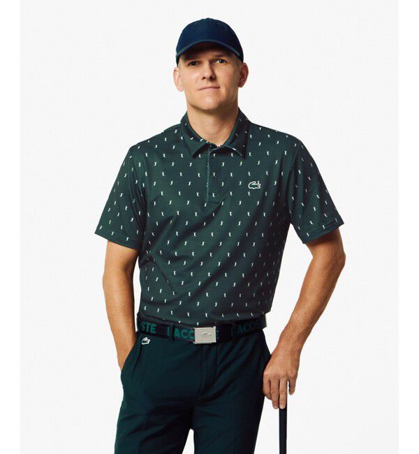 LACOSTE「UVカット ミニマム総柄プリント 比翼仕立て ウルトラドライ ゴルフポロシャツ」|ポロシャツ|モスグリーン