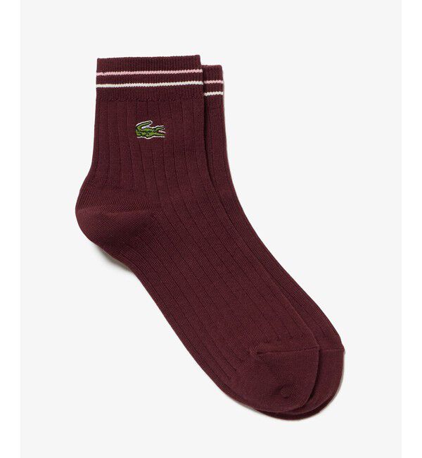 LACOSTE「配色ダブルラインリブニットソックス 22-24cm」|ソックス|ワイン