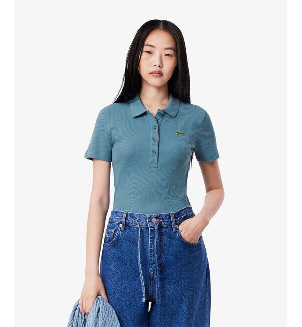 LACOSTE「タイトフィットリブニットポロシャツ」|ポロシャツ|グレイッシュブルー