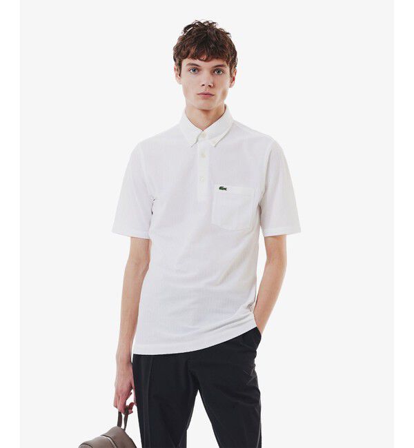 LACOSTE「鹿の子地切り替え同色ストライプボタンダウンポロシャツ」|ポロシャツ|ホワイト