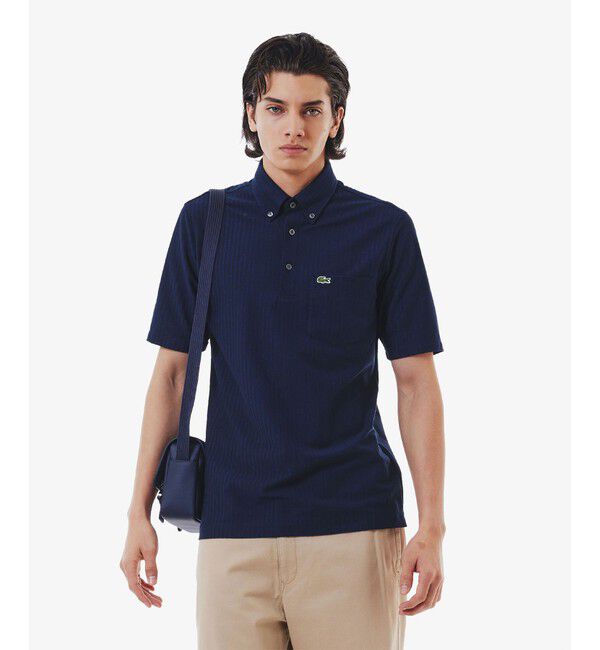 LACOSTE「鹿の子地切り替え同色ストライプボタンダウンポロシャツ」|ポロシャツ|ネイビー