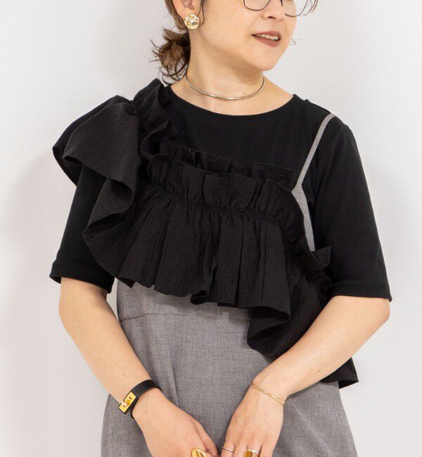 Rie Miller「フリル付き3WAYストレッチリブカットソー」|Tシャツ・カットソー|ブラック