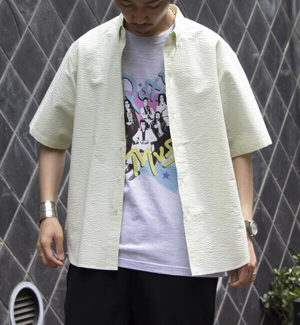 GLOSTER「【GLOSTER/グロスター】シアサッカー ボタンダウン半袖シャツ」|シャツ・ブラウス|ライトグリーン