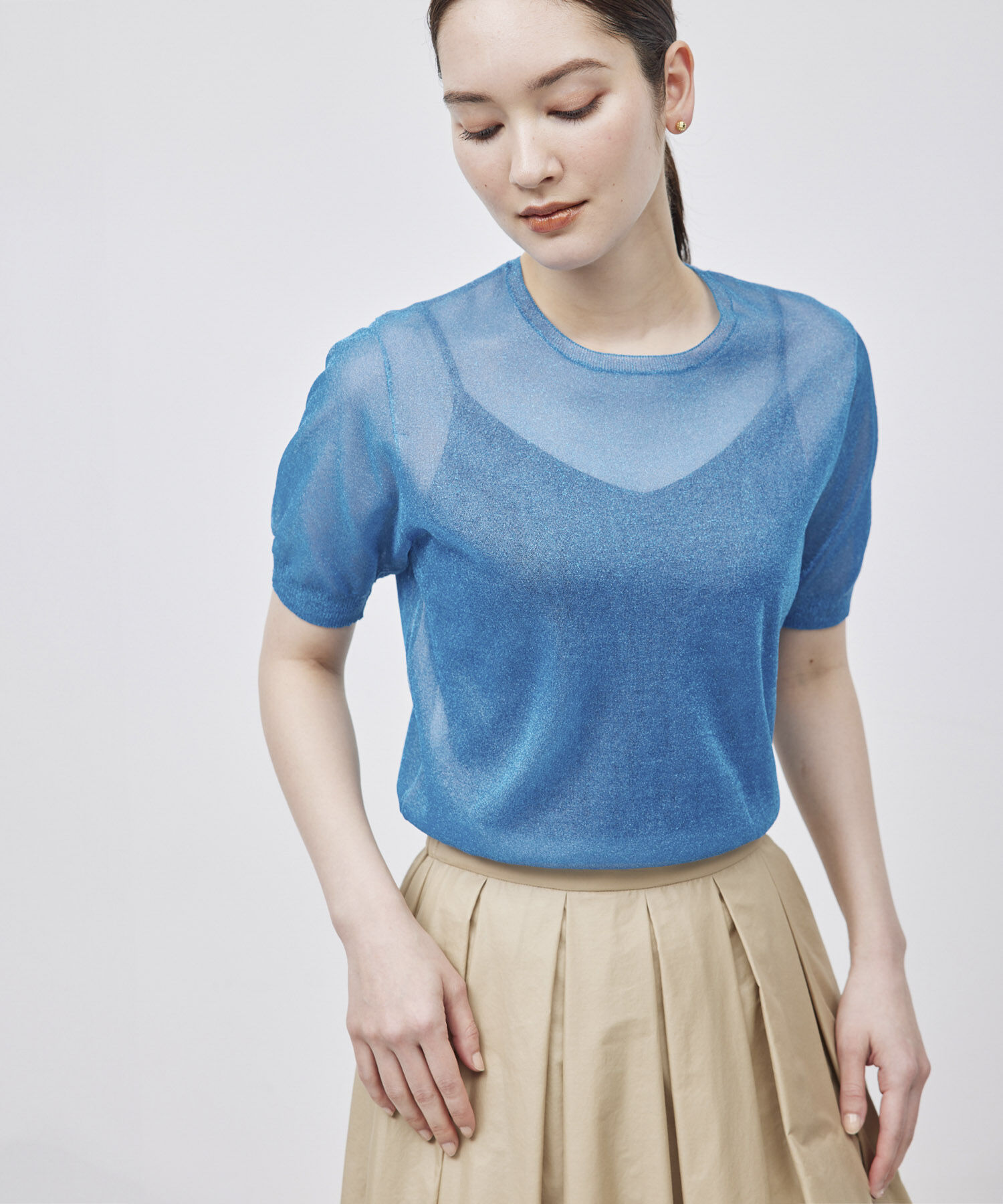 ROPE「【洗える】ラメシアーニット半袖プルオーバー【アンサンブル対応】」|ニット・セーター|ブルー系(45)