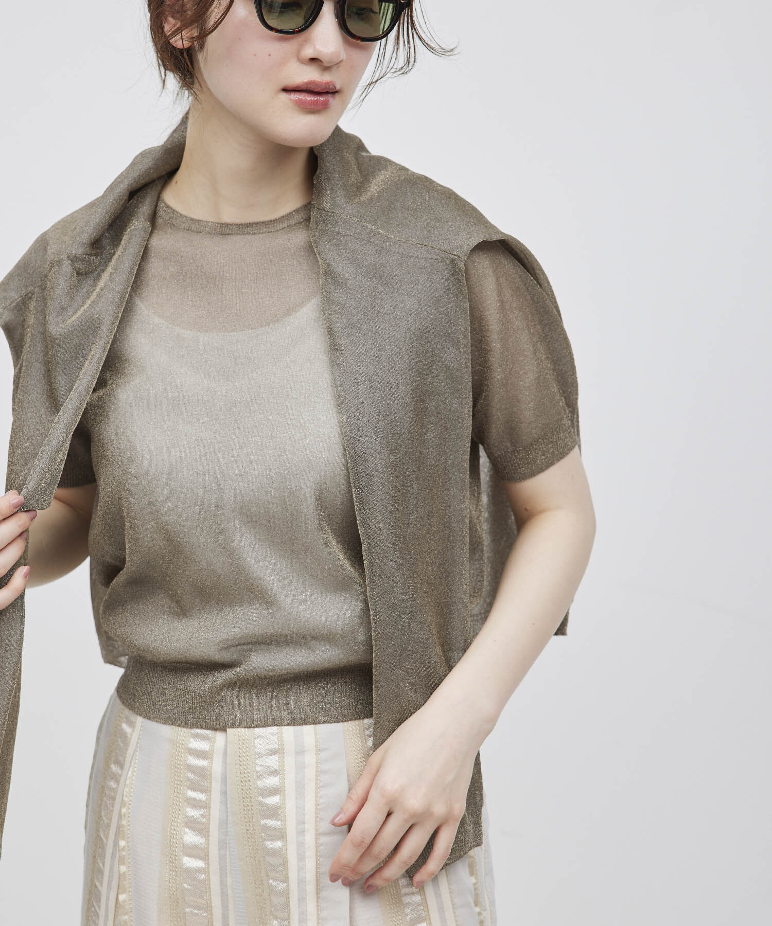 ROPE「【洗える】ラメシアーニット半袖プルオーバー【アンサンブル対応】」|ニット・セーター|
