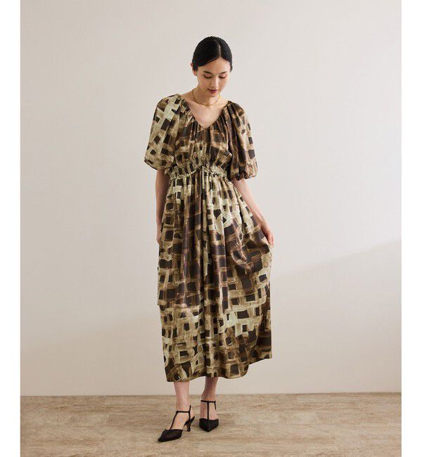 ROPE「スクエア ジオメトリックプリントワンピース/洗える」|ドレス|