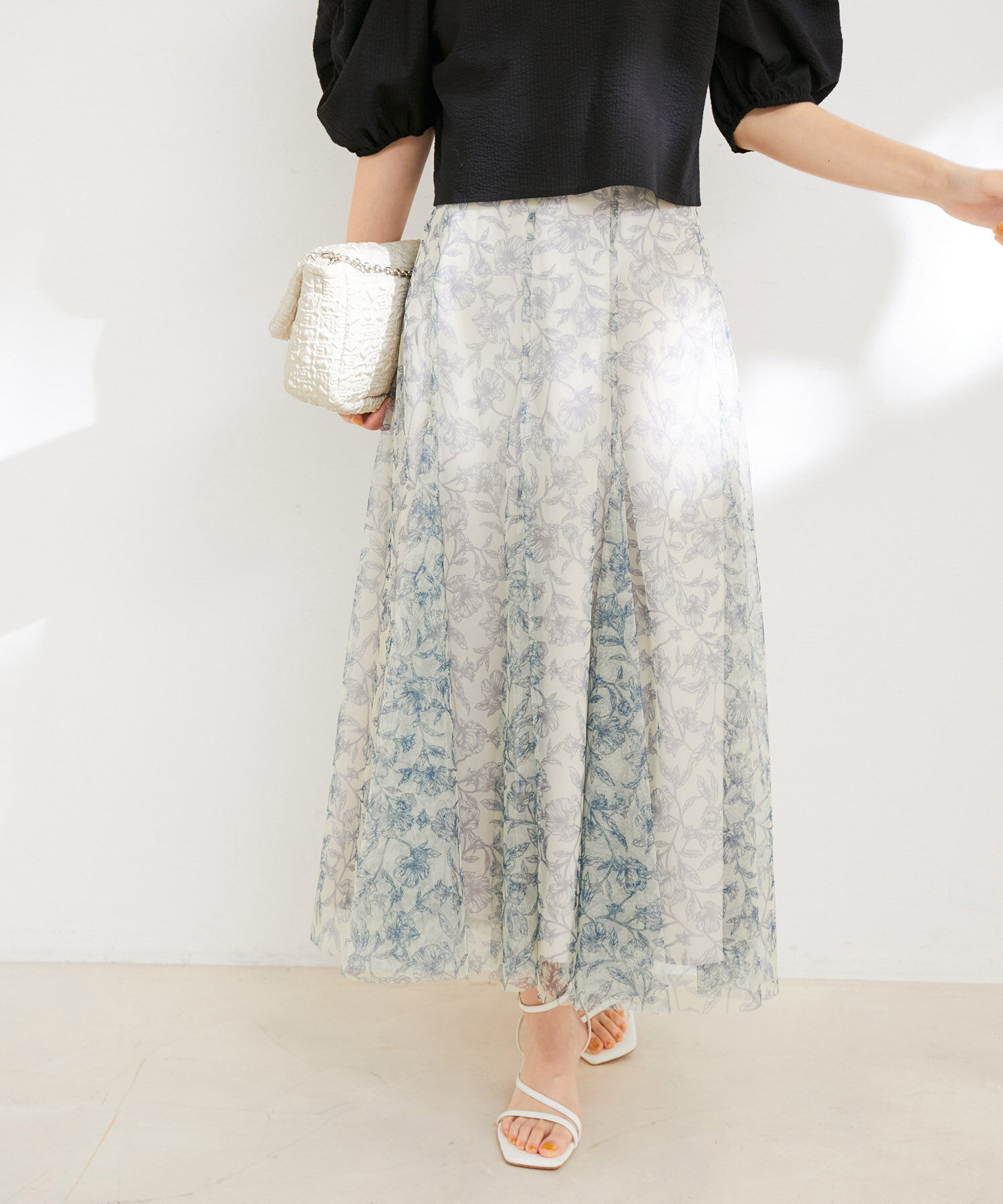 VIS「【洗える】チュール花柄プリントフレアマーメイドスカート」|スカート|