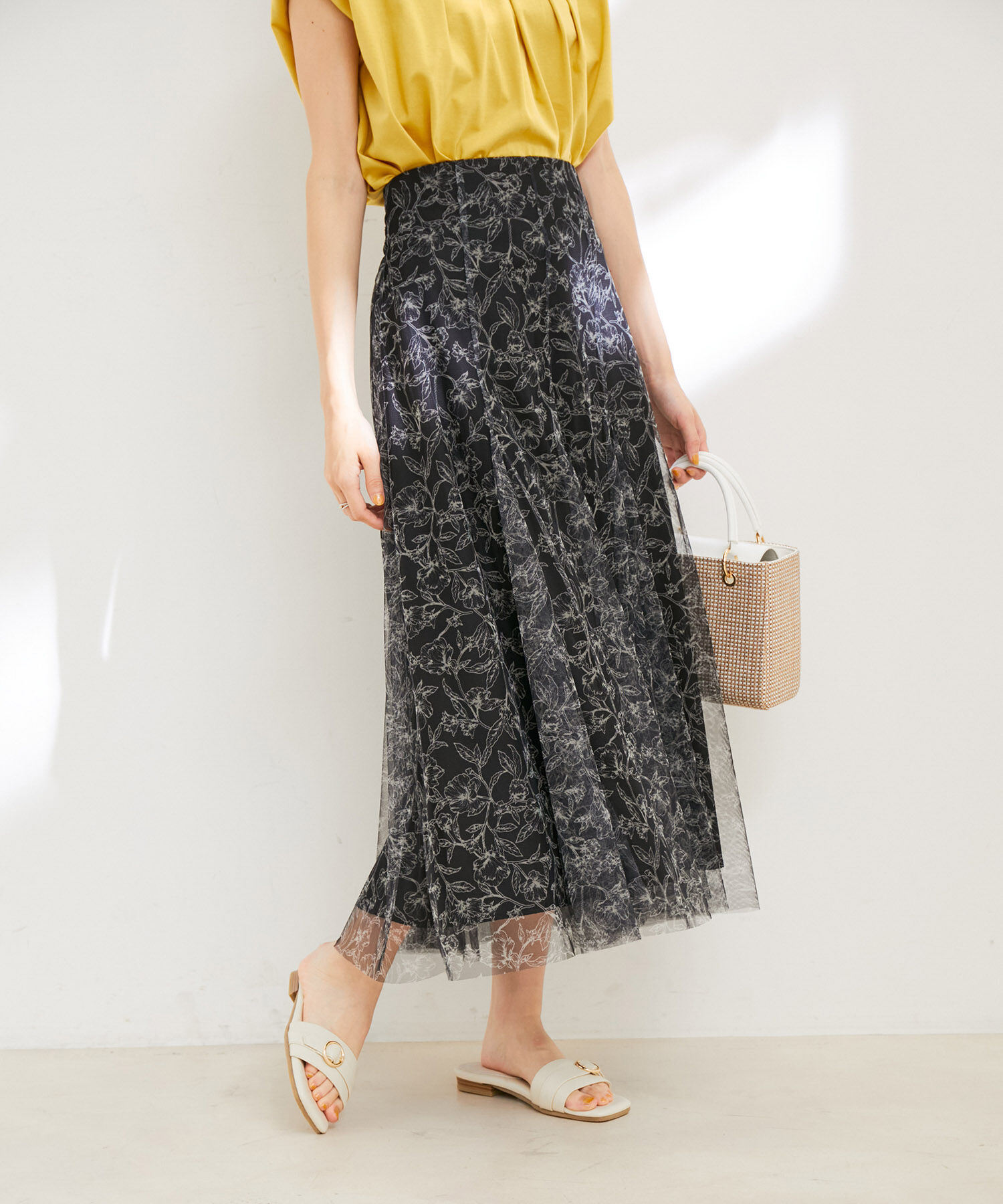 VIS「【洗える】チュール花柄プリントフレアマーメイドスカート」|スカート|