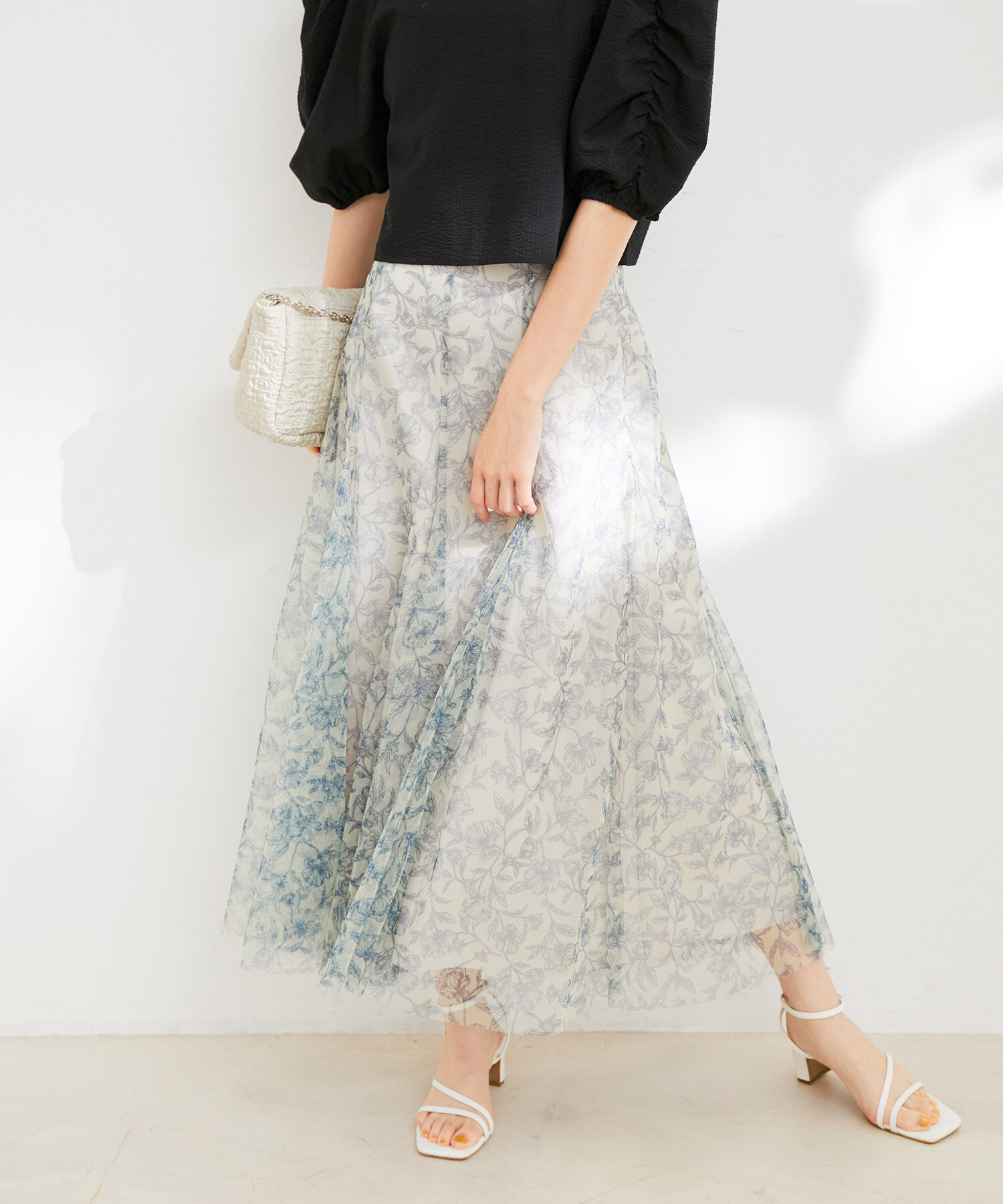VIS「【洗える】チュール花柄プリントフレアマーメイドスカート」|スカート|