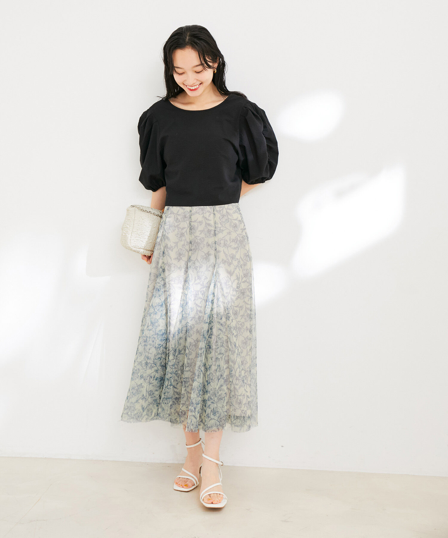 VIS「【洗える】チュール花柄プリントフレアマーメイドスカート」|スカート|