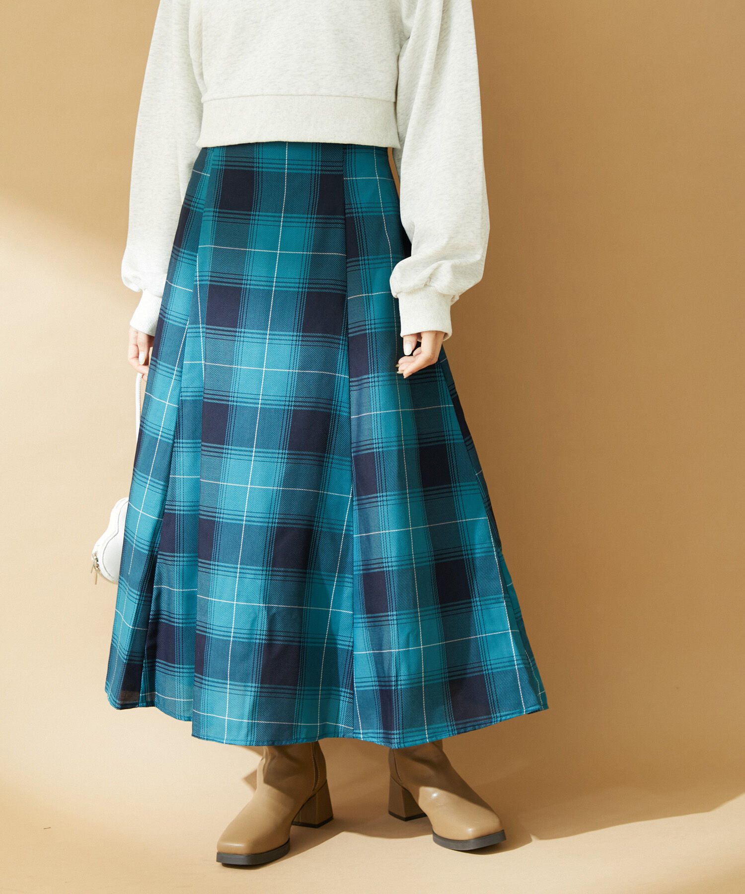 VIS「【洗える】先染めチェックハイウエストフレアスカート」|スカート|ネイビー系(41)