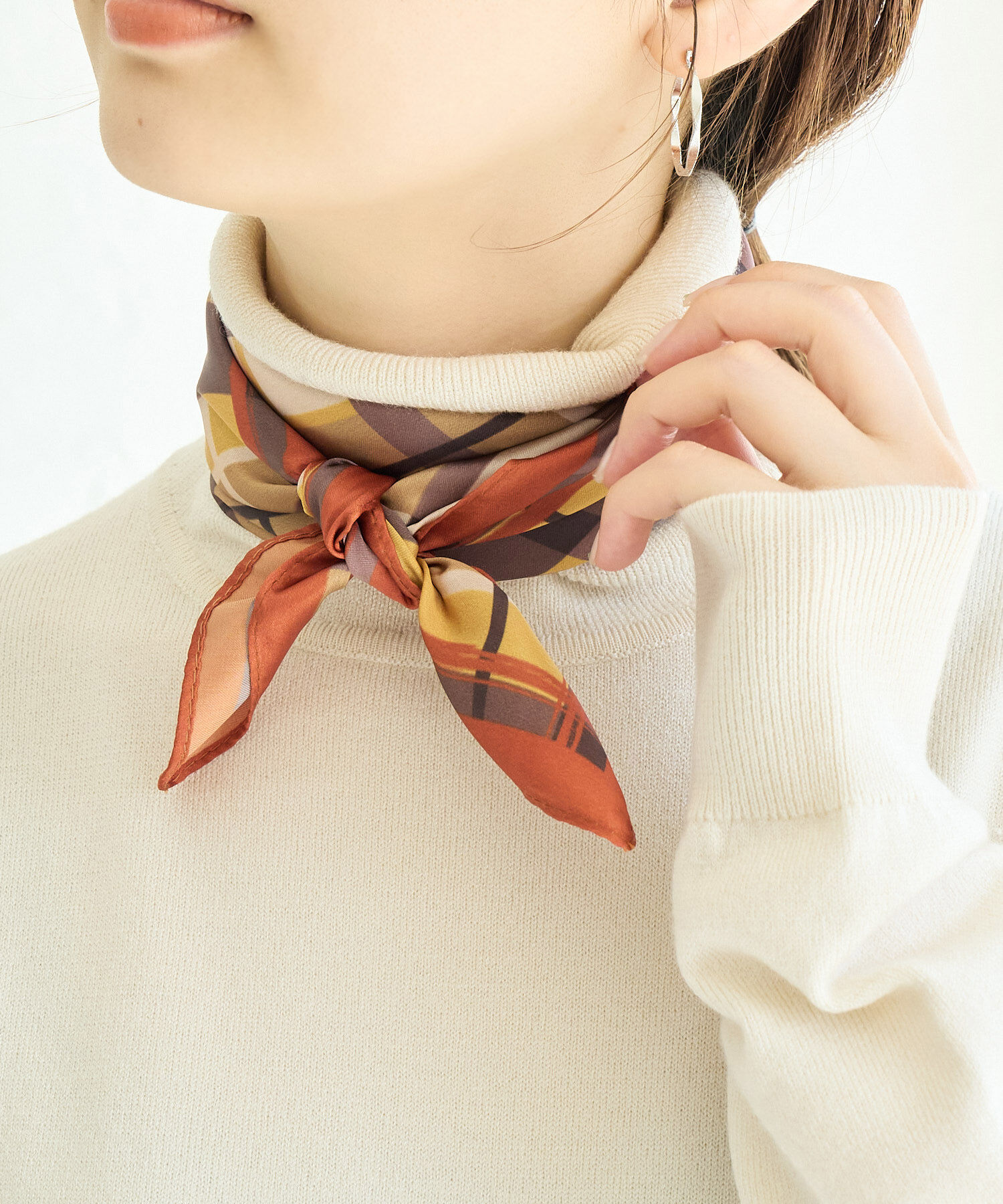 ROPE PICNIC PASSAGE「リング付きリサイクルポリエステルチェック柄スカーフ」|バンダナ・スカーフ|オレンジ(70)