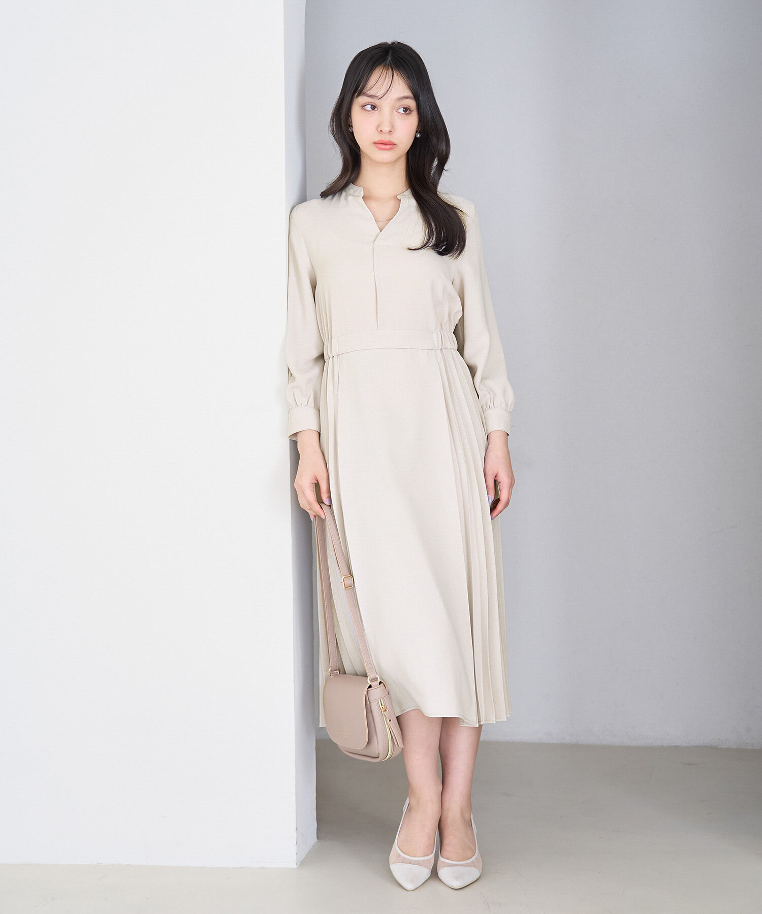 Rope&rsquo;Picnic「小柄さん向け/サイドプリーツキーネックワンピース」|ワンピース|