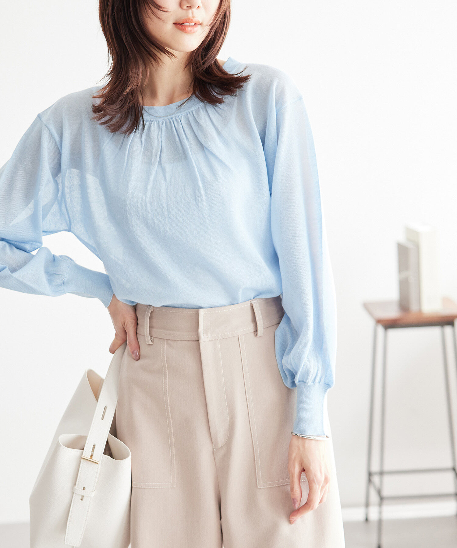 Rope&rsquo;Picnic「襟ギャザーシアーニットプルオーバー」|ニット・セーター|ブルー系(45)