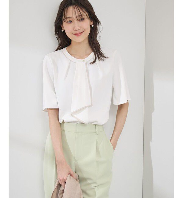 Rope&rsquo;Picnic「【WEB限定サイズ】配色ボウタイ風ハーフスリーブブラウス/通勤対応」|シャツ・ブラウス|