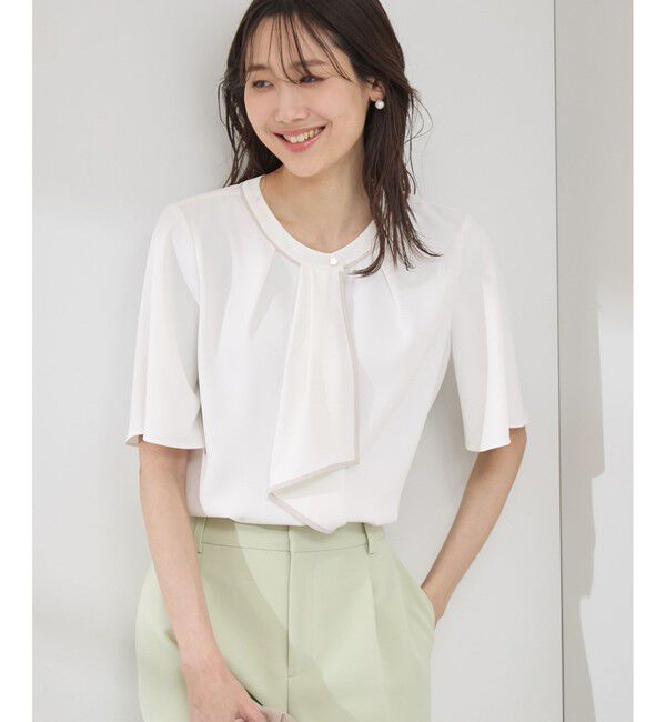 Rope&rsquo;Picnic「【WEB限定サイズ】配色ボウタイ風ハーフスリーブブラウス/通勤対応」|シャツ・ブラウス|