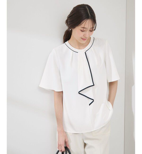 Rope&rsquo;Picnic「【WEB限定サイズ】配色ボウタイ風ハーフスリーブブラウス/通勤対応」|シャツ・ブラウス|