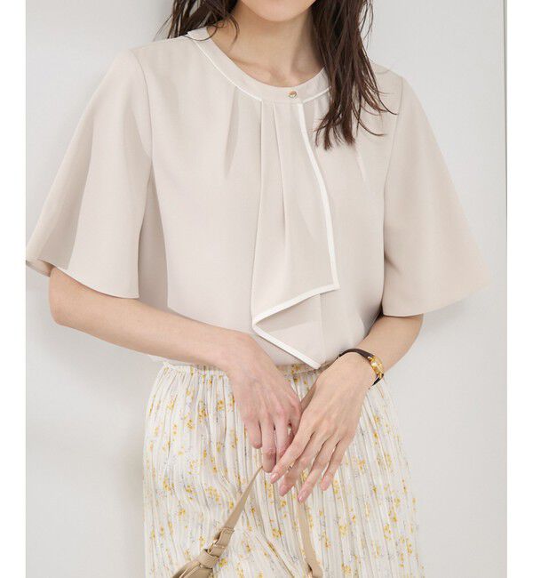 Rope&rsquo;Picnic「【WEB限定サイズ】配色ボウタイ風ハーフスリーブブラウス/通勤対応」|シャツ・ブラウス|ベージュ(27)